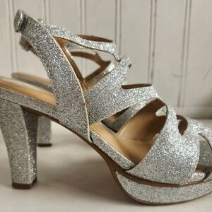 Naturalizer Silver Glitter Strappy Block Heels